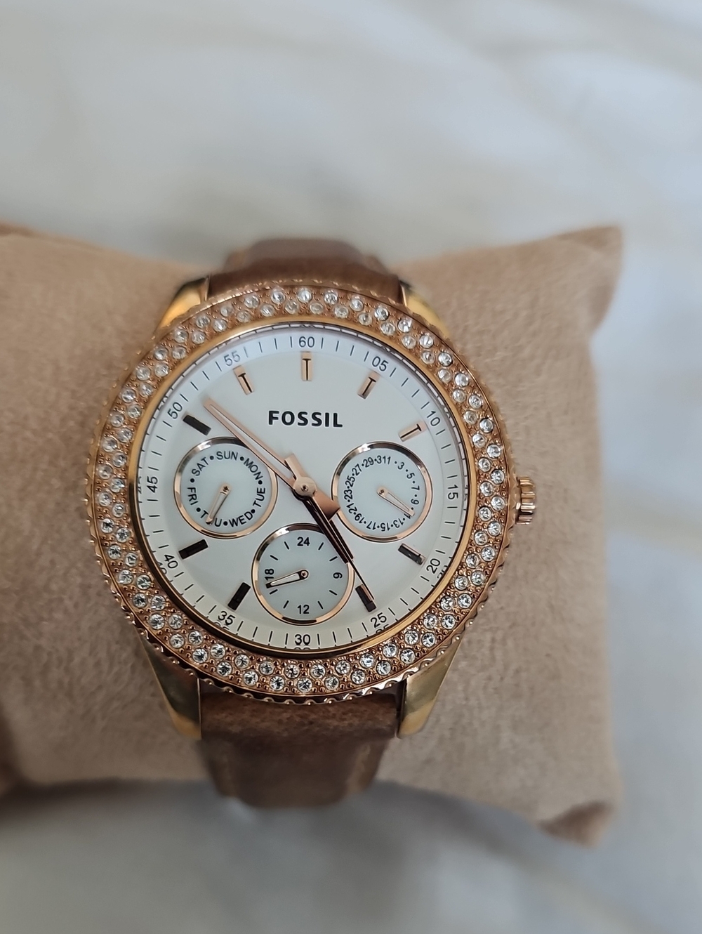 Fossil Rose Gold Crystal Bezel Watch with Brown Leather Strap